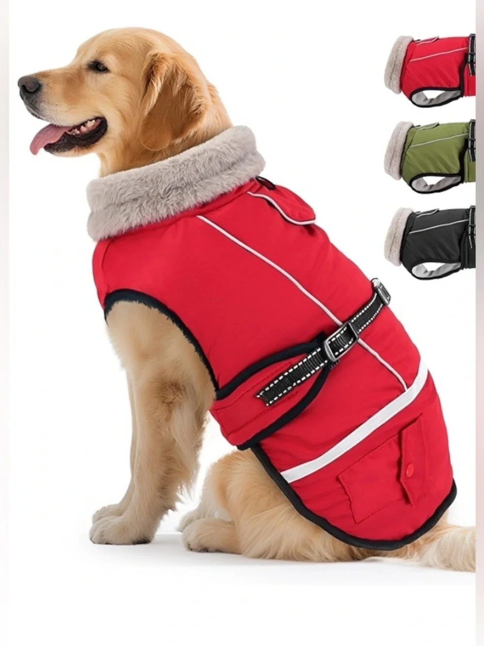 NEW-Dog- Large Red Faux-Fur Collar  Reflective, safety Dog Winter Coat -